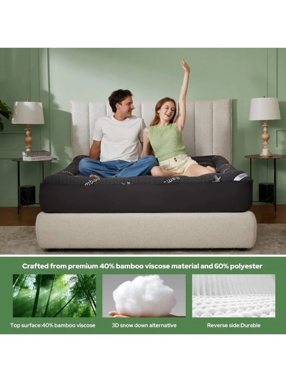 Thick Bamboo Queen Mattress Topper - Soft Pillow Top for Back Pain Relief